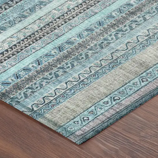 Turquoise And Teal Blue Striped Washable Indoor Outdoor Area Rug Photo 5