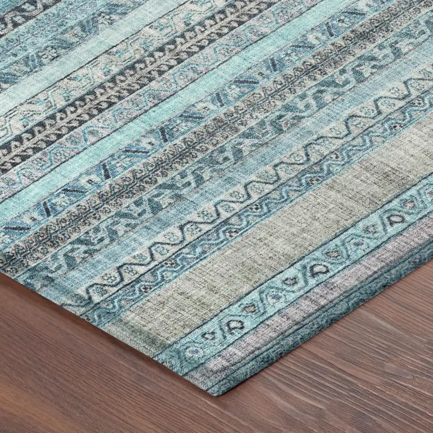 Turquoise And Teal Blue Striped Washable Indoor Outdoor Area Rug Photo 5
