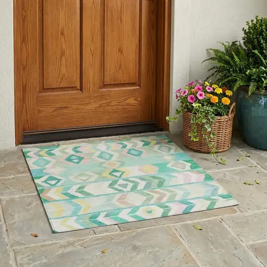 Turquoise And Teal Blue Tribal Washable Indoor Outdoor Area Rug Photo 1