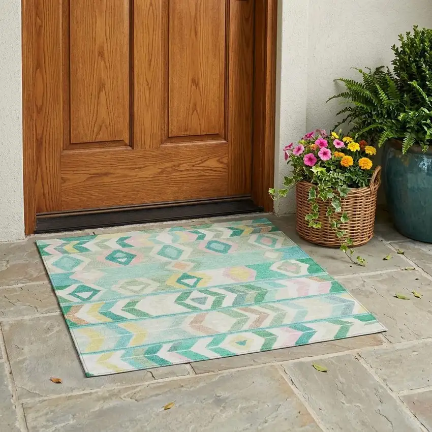 Turquoise And Teal Blue Tribal Washable Indoor Outdoor Area Rug Photo 1