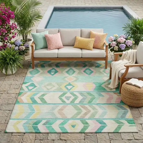 Turquoise And Teal Blue Tribal Washable Indoor Outdoor Area Rug Photo 1