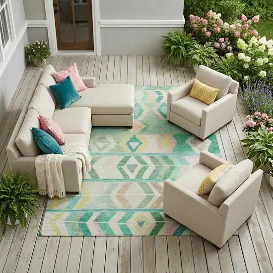 Turquoise And Teal Blue Tribal Washable Indoor Outdoor Area Rug Photo 1