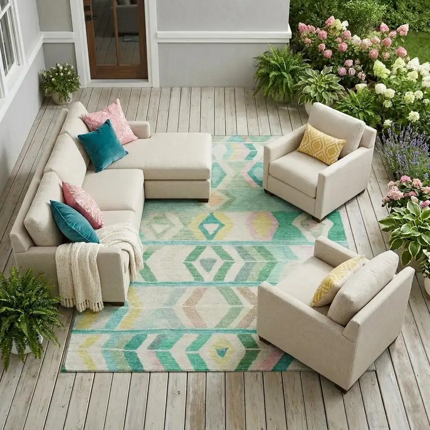 Turquoise And Teal Blue Tribal Washable Indoor Outdoor Area Rug Photo 1