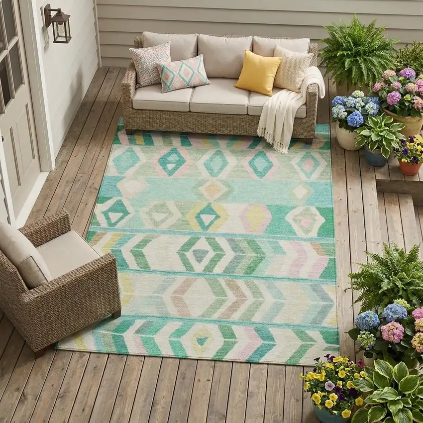 Turquoise And Teal Blue Tribal Washable Indoor Outdoor Area Rug Photo 1