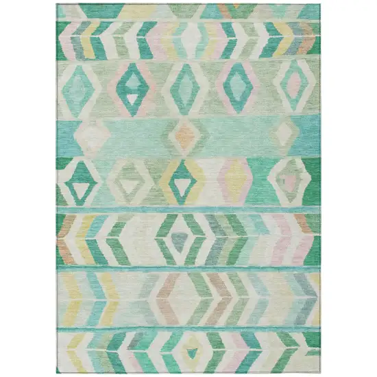 Turquoise And Teal Blue Tribal Washable Indoor Outdoor Area Rug Photo 2