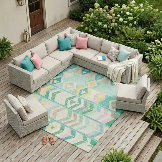 Turquoise And Teal Blue Tribal Washable Indoor Outdoor Area Rug Photo 1