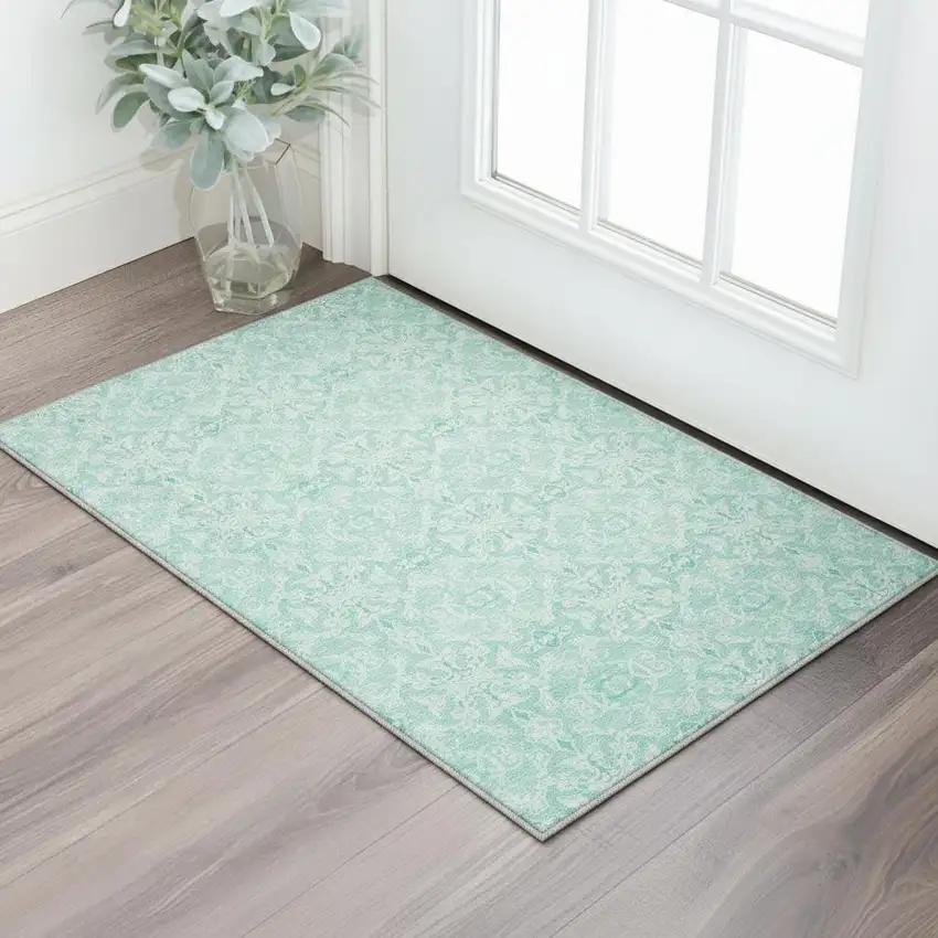 Turquoise And Teal Medallion Washable Area Rug With UV Protection Photo 2