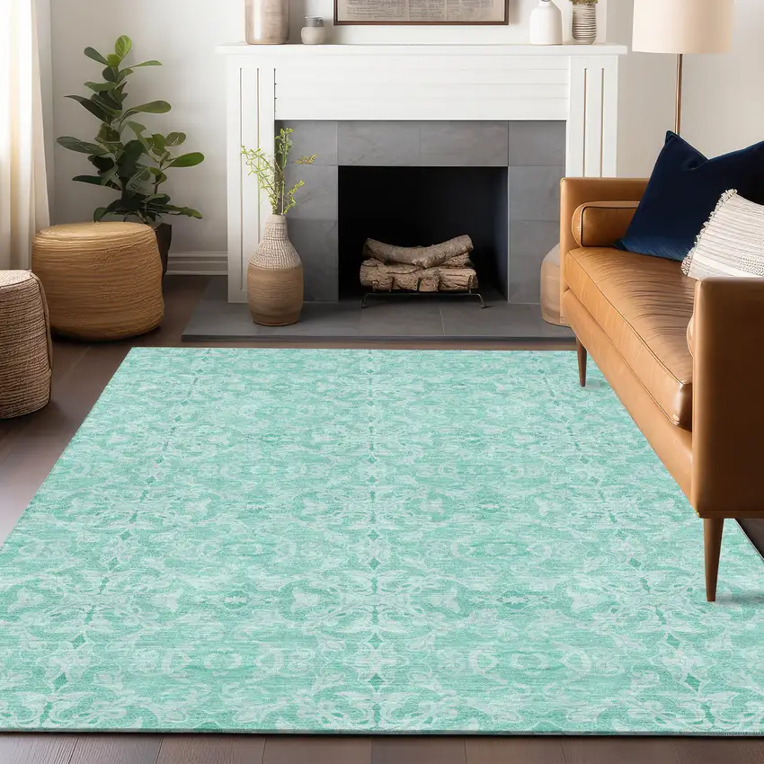 Turquoise And Teal Medallion Washable Area Rug With UV Protection Photo 6