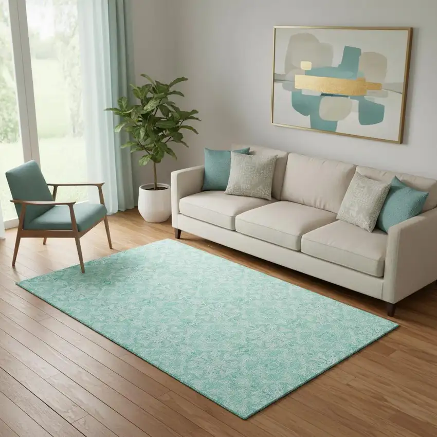 Turquoise And Teal Medallion Washable Area Rug With UV Protection Photo 1