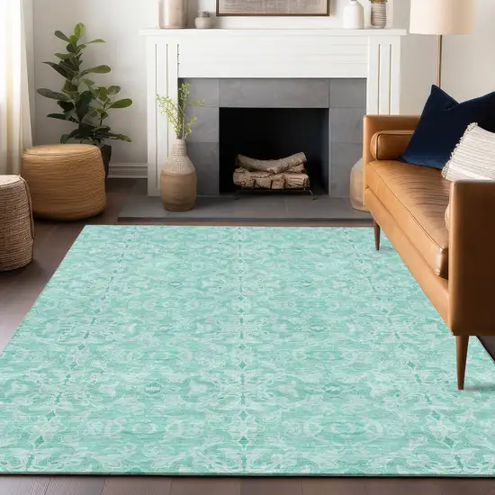 Turquoise And Teal Medallion Washable Area Rug With UV Protection Photo 6