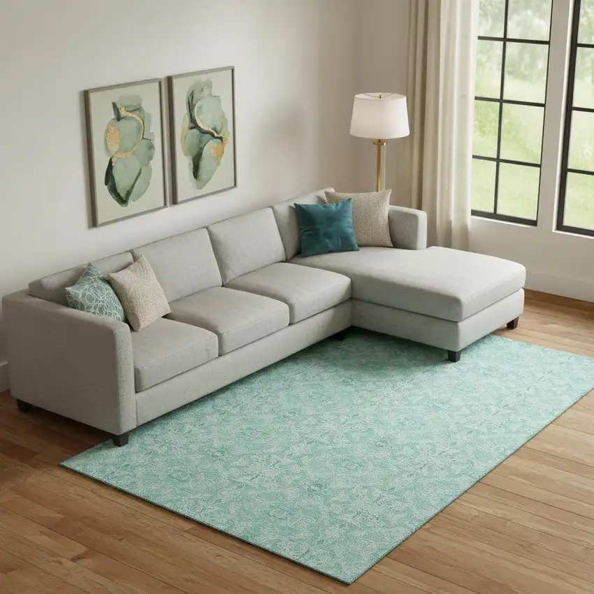 Turquoise And Teal Medallion Washable Area Rug With UV Protection Photo 1