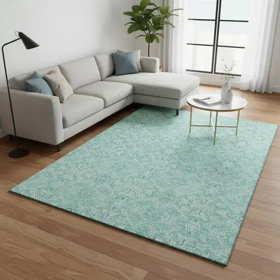 Turquoise And Teal Medallion Washable Area Rug With UV Protection Photo 2