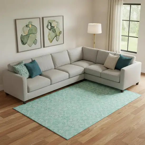 Turquoise And Teal Medallion Washable Area Rug With UV Protection Photo 1