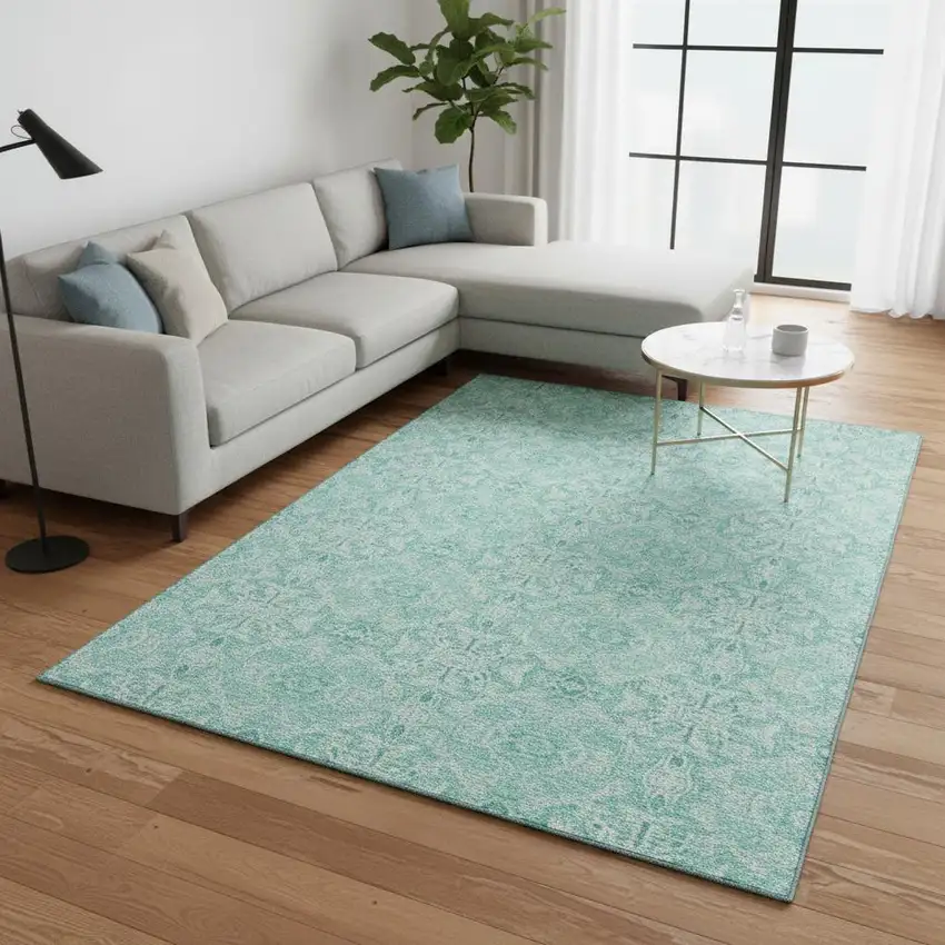 Turquoise And Teal Medallion Washable Area Rug With UV Protection Photo 2
