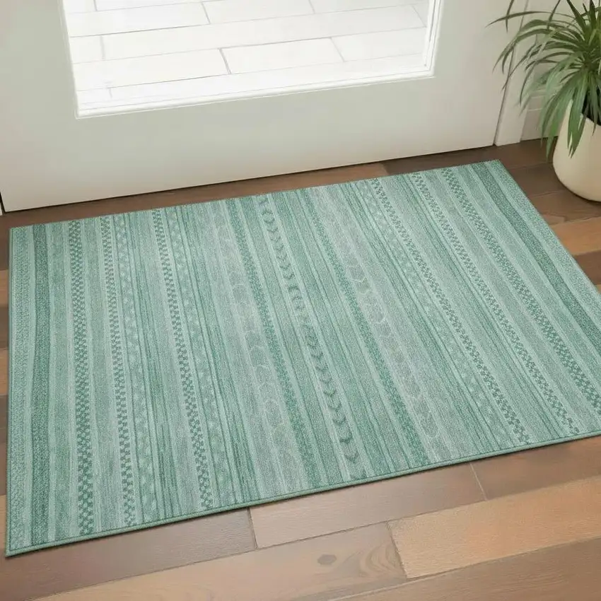 Turquoise And Teal Striped Washable Area Rug With UV Protection Photo 2