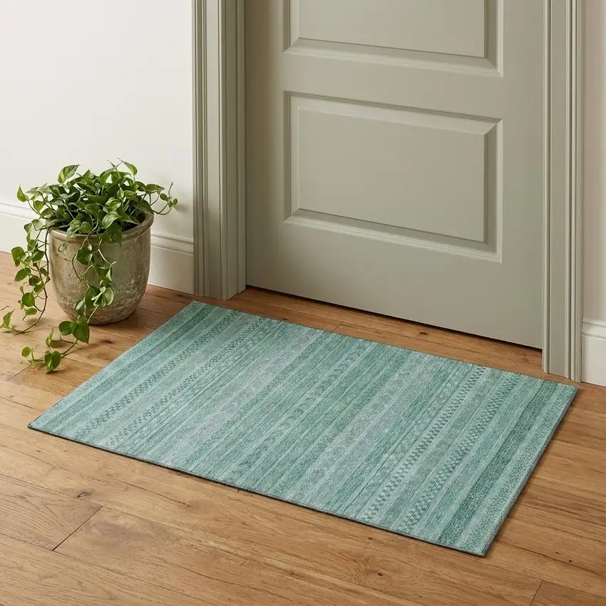 Turquoise And Teal Striped Washable Area Rug With UV Protection Photo 1