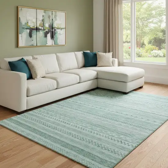 Turquoise And Teal Striped Washable Area Rug With UV Protection Photo 2