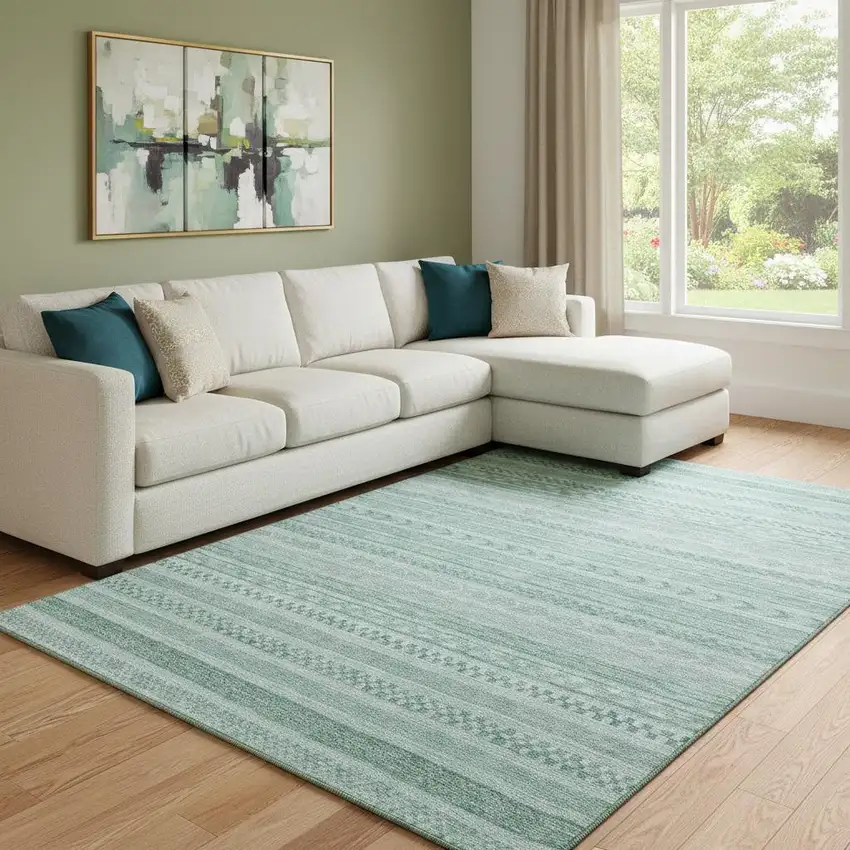 Turquoise And Teal Striped Washable Area Rug With UV Protection Photo 2