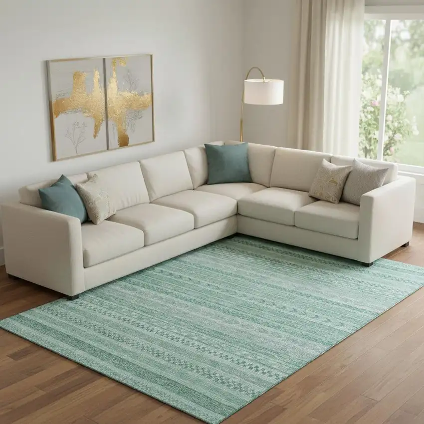 Turquoise And Teal Striped Washable Area Rug With UV Protection Photo 2