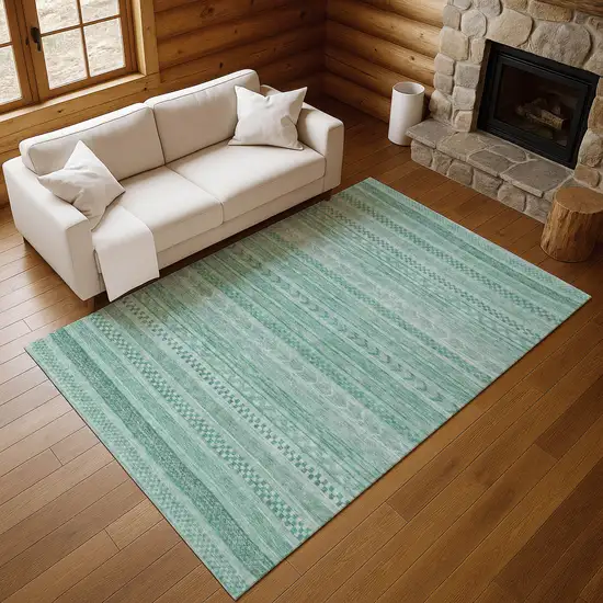 Turquoise And Teal Striped Washable Area Rug With UV Protection Photo 5