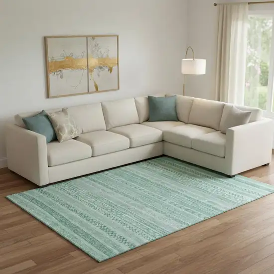 Turquoise And Teal Striped Washable Area Rug With UV Protection Photo 2