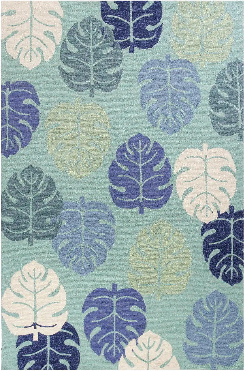 Turquoise Blue Hand Hooked Uv Treated Tropical Leaves Indoor Outdoor Area Rug Photo 2