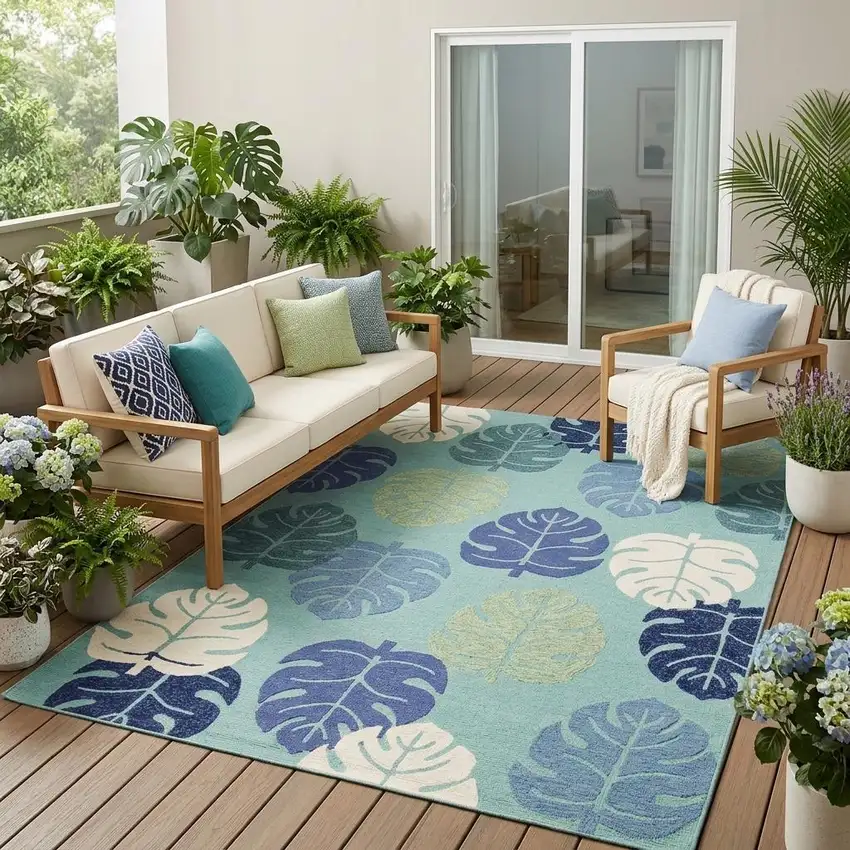Turquoise Floral Handmade Indoor Outdoor Area Rug Photo 1