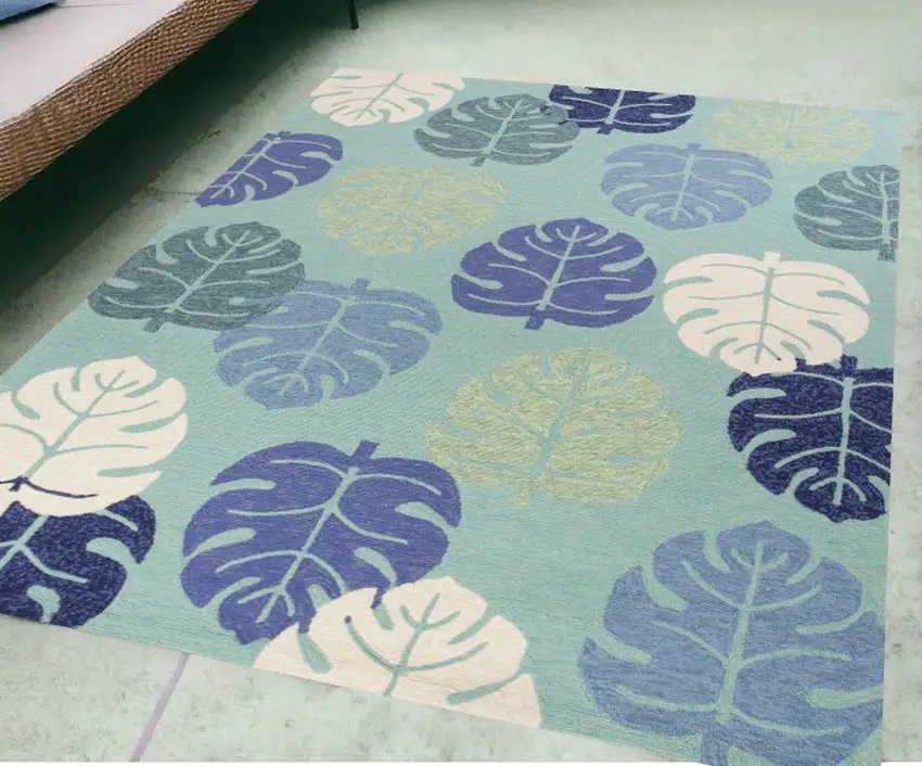 5'X8' Turquoise Blue Hand Hooked Uv Treated Tropical Leaves Indoor Outdoor Area Rug Photo 1