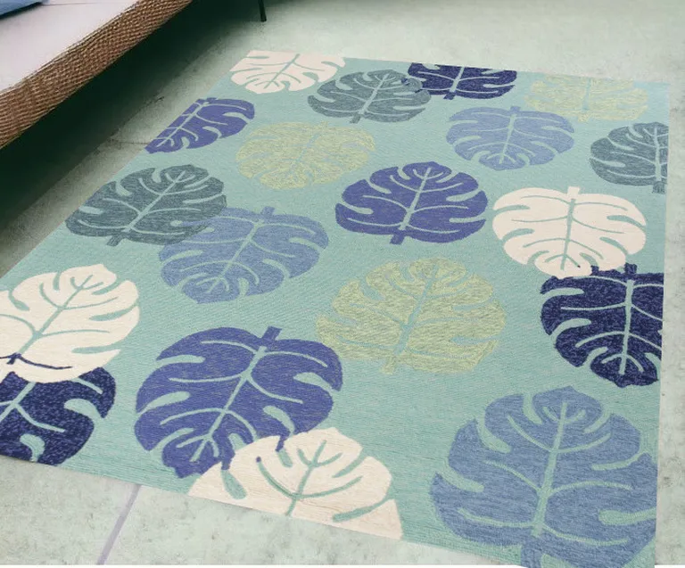 Turquoise Blue Hand Hooked UV Treated Tropical Leaves Indoor Outdoor Area Rug Photo 4