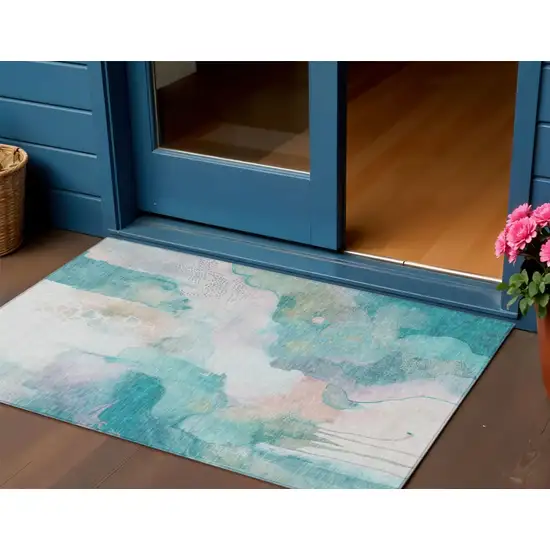 Turquoise Blush And Ivory Abstract Washable Indoor Outdoor Area Rug Photo 2