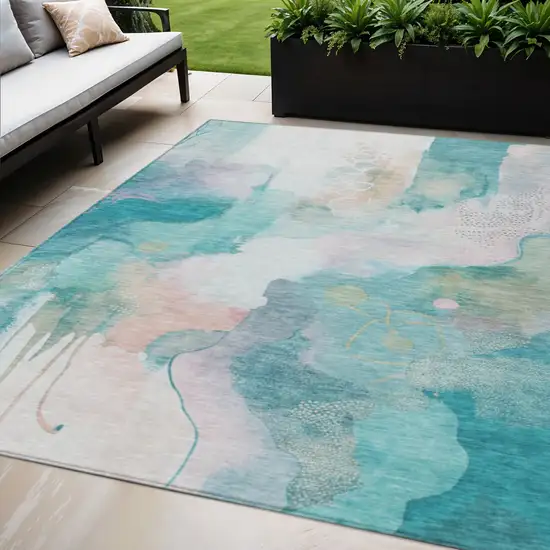 Turquoise Blush And Ivory Abstract Washable Indoor Outdoor Area Rug Photo 2