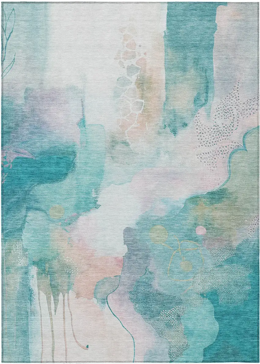 Turquoise Blush And Ivory Abstract Washable Indoor Outdoor Area Rug Photo 8