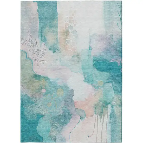 Turquoise Blush And Ivory Abstract Washable Indoor Outdoor Area Rug Photo 1