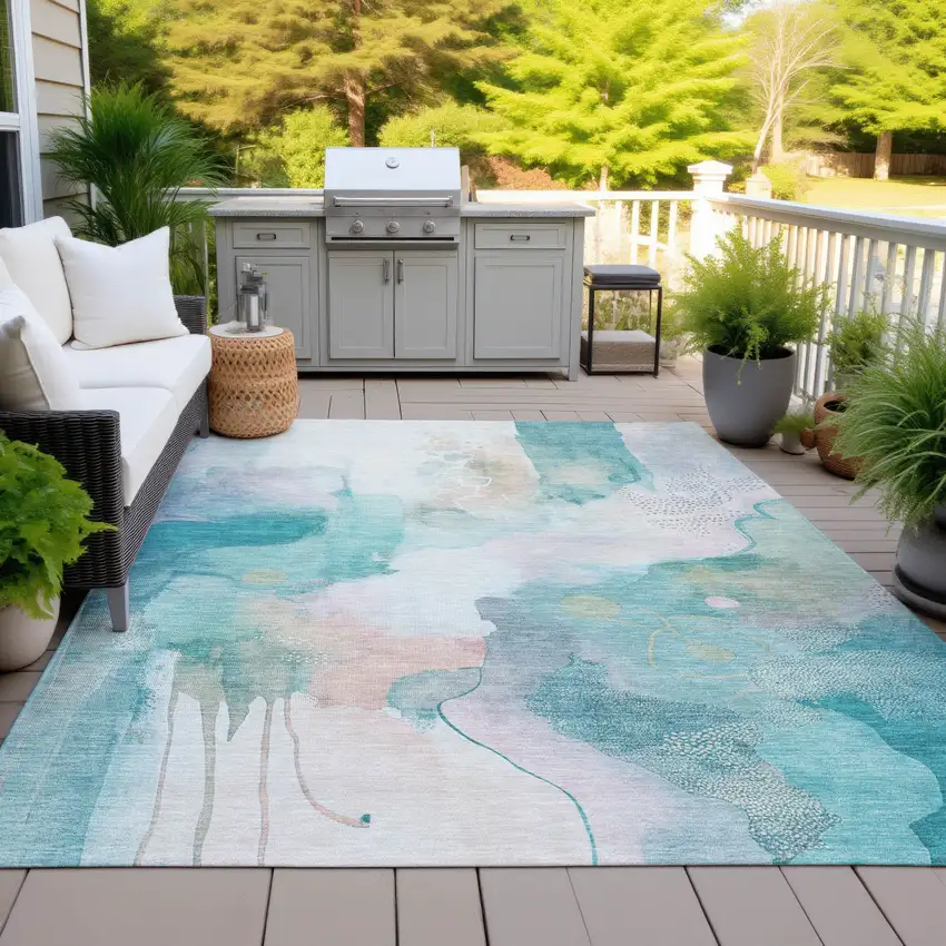 Turquoise Blush And Ivory Abstract Washable Indoor Outdoor Area Rug Photo 5
