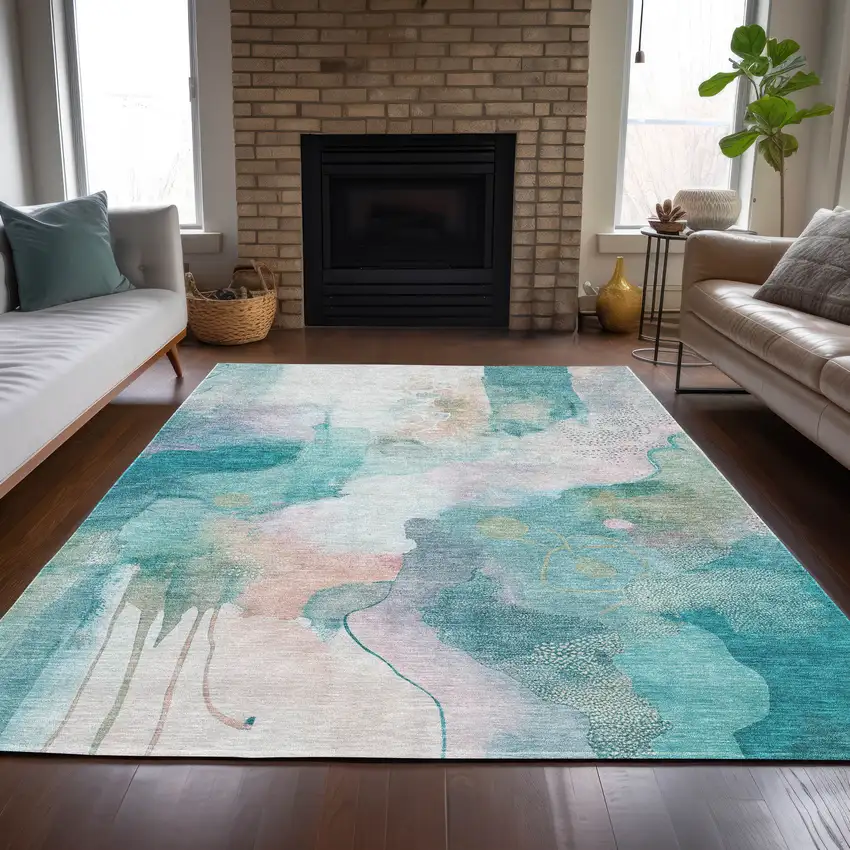 Turquoise Blush And Ivory Abstract Washable Indoor Outdoor Area Rug Photo 7