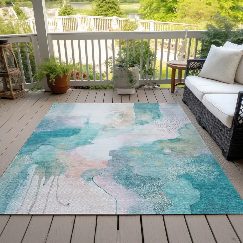Turquoise Blush And Ivory Abstract Washable Indoor Outdoor Area Rug Photo 8