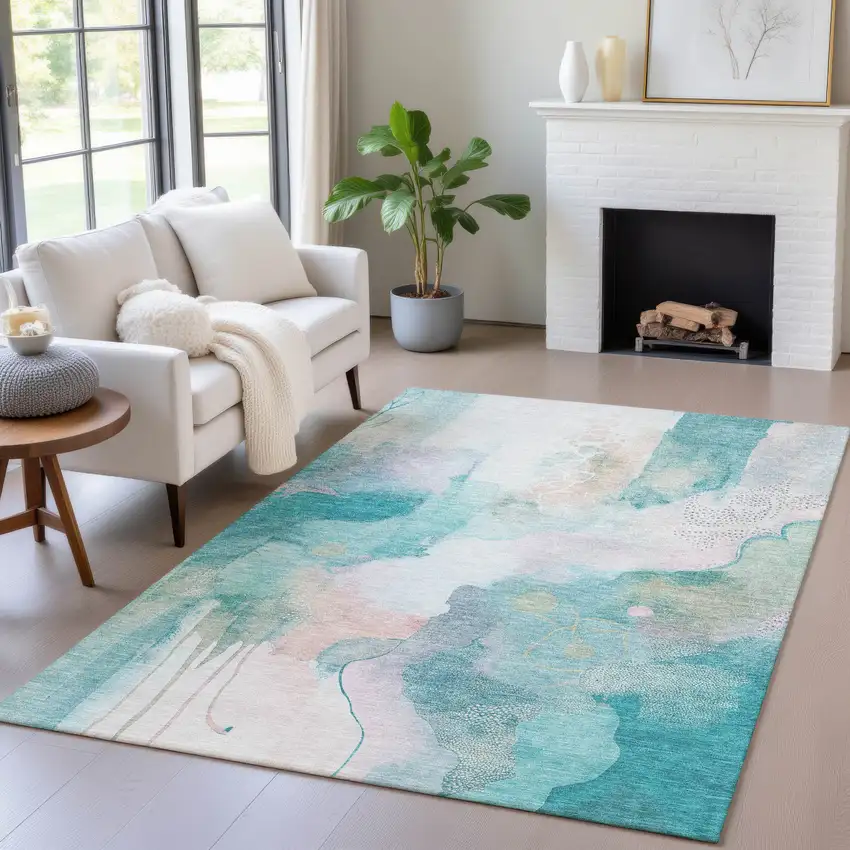 Turquoise Blush And Ivory Abstract Washable Indoor Outdoor Area Rug Photo 6