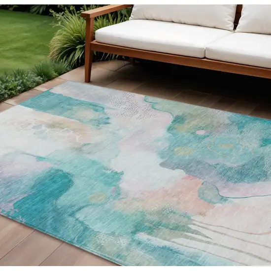 Turquoise Blush And Ivory Abstract Washable Indoor Outdoor Area Rug Photo 2