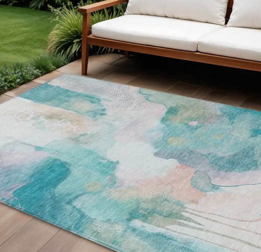 Turquoise Blush And Ivory Abstract Washable Indoor Outdoor Area Rug Photo 2
