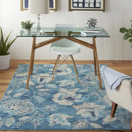 Turquoise Cream and Navy Blue Floral Distressed Area Rug Photo 4