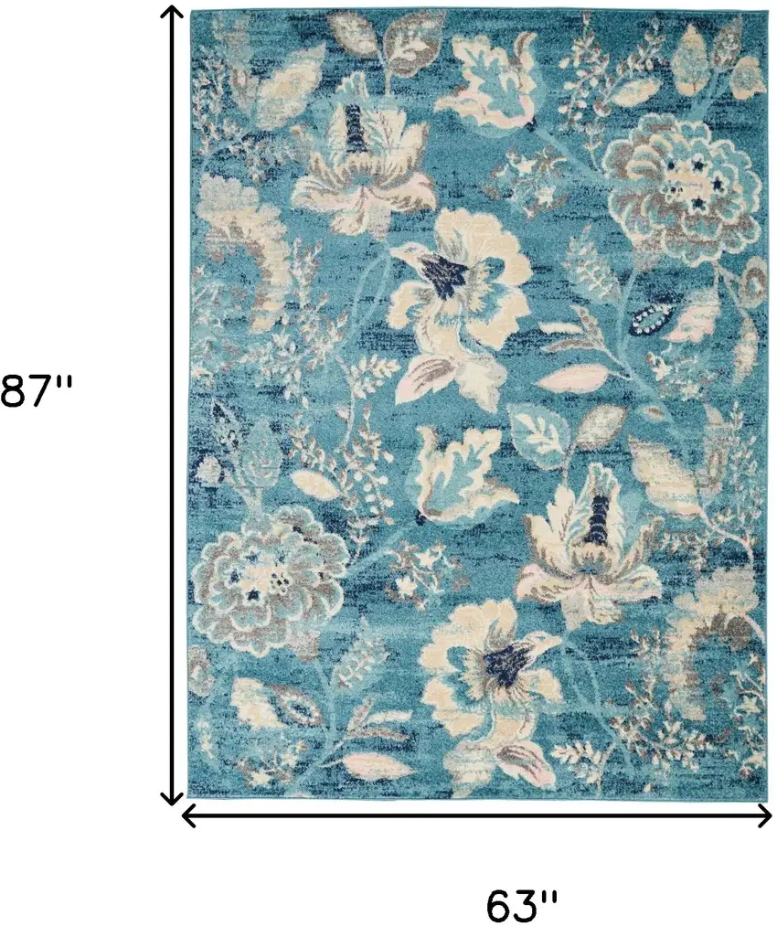 Turquoise Cream and Navy Blue Floral Distressed Area Rug Photo 3