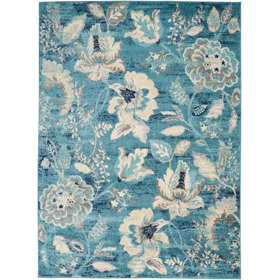 Turquoise Cream and Navy Blue Floral Distressed Area Rug Photo 8