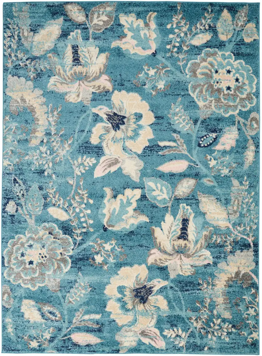 Turquoise Cream and Navy Blue Floral Distressed Area Rug Photo 8