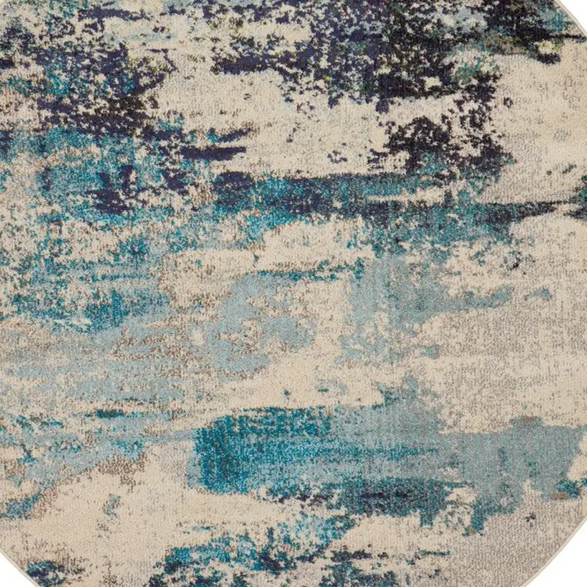 Turquoise Cream and Navy Blue Floral Distressed Area Rug Photo 1