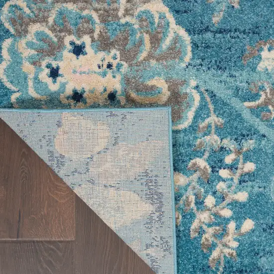 Turquoise Cream and Navy Blue Floral Distressed Area Rug Photo 9