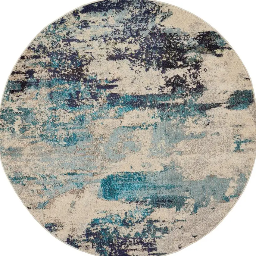 Turquoise Cream and Navy Blue Floral Distressed Area Rug Photo 6