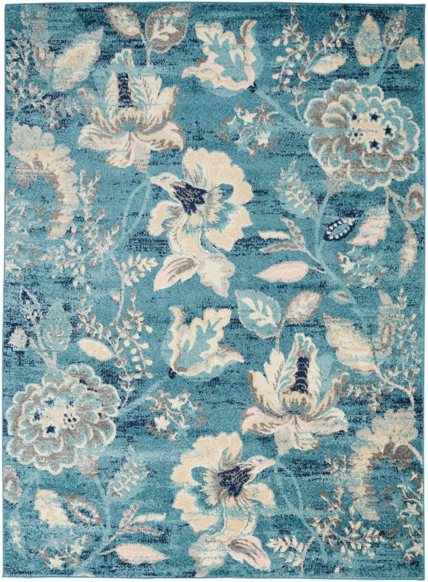 Turquoise Cream and Navy Blue Floral Distressed Area Rug Photo 2