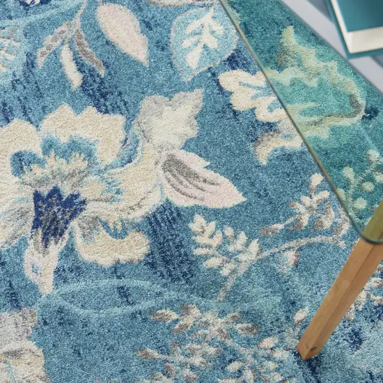 Turquoise Cream and Navy Blue Floral Distressed Area Rug Photo 9