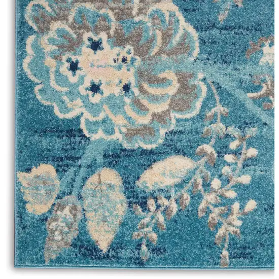 Turquoise Cream and Navy Blue Floral Distressed Area Rug Photo 8