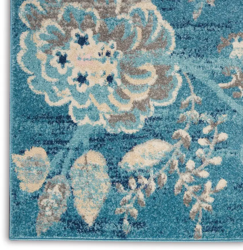 Turquoise Cream and Navy Blue Floral Distressed Area Rug Photo 8